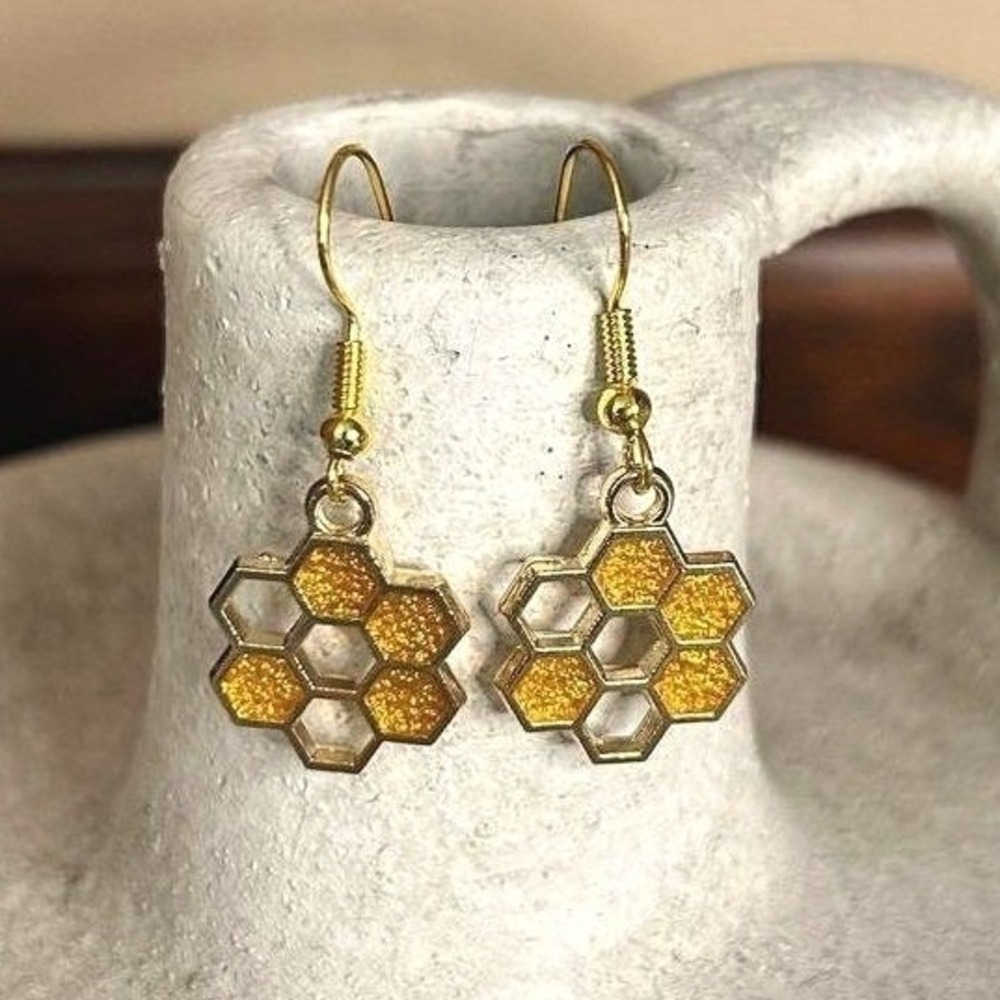 Handcrafted Honeycomb‎ Golden Drop Earrings Gardencore Summer Pollinator